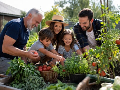 Drei Generationen ernten gemeinsam frische Tomaten und Kr&auml;uter im Garten. Gro&szlig;vater, Eltern und Kinder erleben nachhaltiges G&auml;rtnern, Familienzeit und Freude an gesunder Ern&auml;hrung.