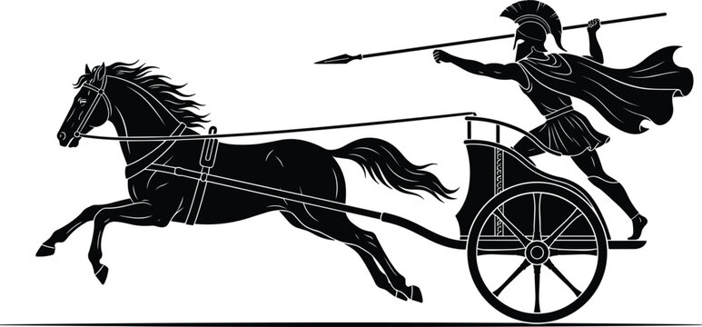 Ancient Greek roman warrior riding horse chariot throwing spear black silhouette vector illustration isolated on white background.