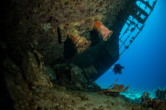 Technical diver exploring MV Al Kahfain wreck in Safaga Red Sea Egypt