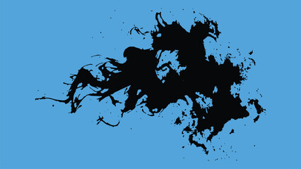 Obraz premium Abstract black ink splat with spray droplets and splash marks on blue background vector element for paint designs.