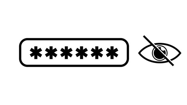 Password animated typing hidden asterisks and reveal text with eye toggle icon loop on 4k white background