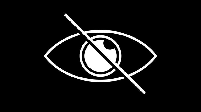 Eye icon animated show and hide toggle with slash cross line loop on 4k black background