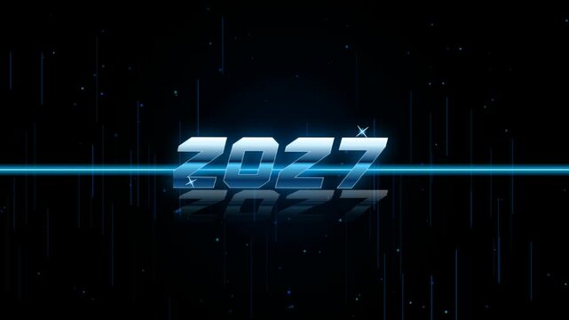 Futuristic Metallic 2027 Text Reveal Motion Graphic With Glowing Blue Particles And Digital Lines