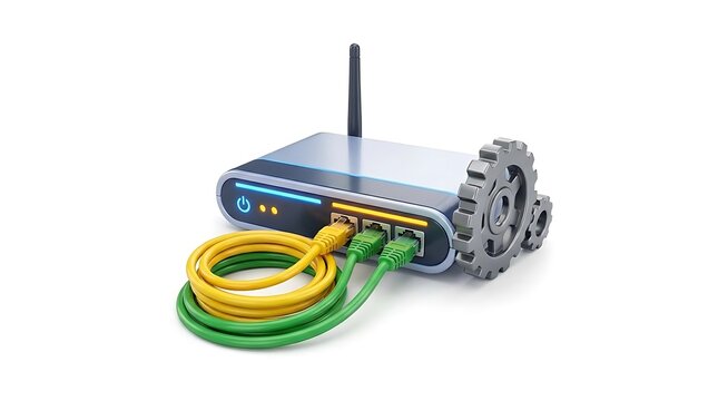 Network router with cables and gear icon