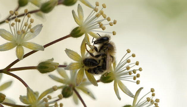 Extreme macro of tiny Seven-son flowers with a native bee collecting nectar, individual stamens clearly visible, creamy bokeh, scientifically accurate botanical photography.