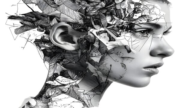 of an artist mind visualized as layered sketches and abstract diagrams in harmony