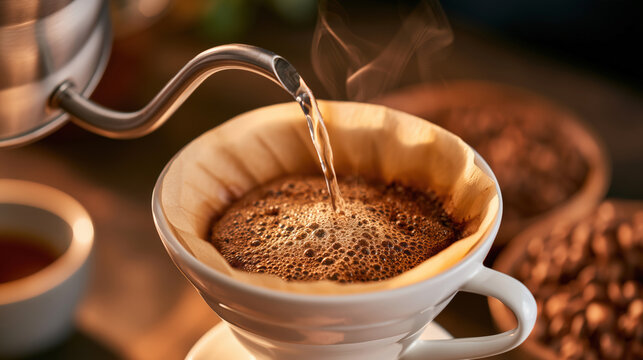 Hot water pouring over fresh ground coffee in ceramic pour-over filter