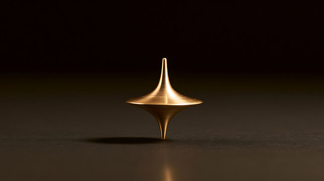 A sleek brass spinning top balancing on a dark surface, symbolizing mystery, equilibrium, focus, and time in a minimalist studio setup