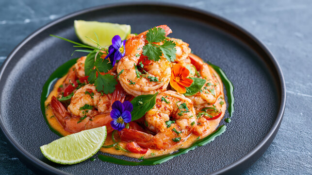 Gourmet shrimp dish with herbs, edible flowers, lime wedge on black plate