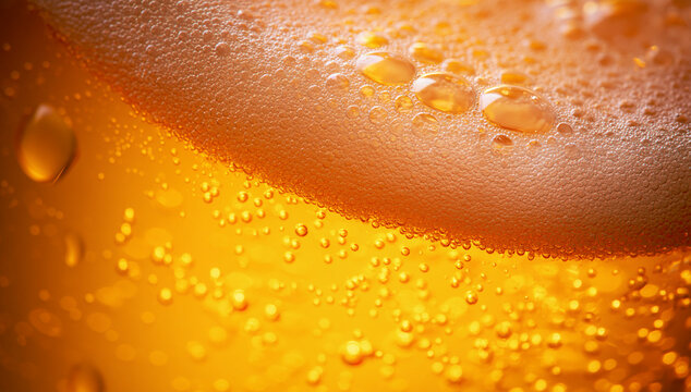 Extreme close up of golden beer with rich foam and rising bubbles, refreshing carbonated alcoholic drink texture for Oktoberfest advertising, brewery promotion, bar menu and beverage background