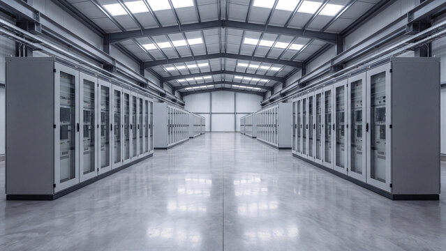 Data center server room and electrical infrastructure, rows of computer server racks and power cabinets in modern industrial technology facility interior for network, storage and energy system