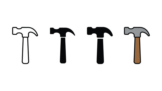 Set of hammer icons in various line art and flat solid styles