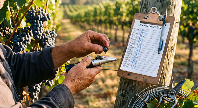 Winemaker Squeezing Grape Juice Onto Optical Refractometer Beside Clipboard With Brix Readings Table During Autumn Harvest in Sunny Vineyard