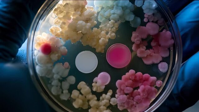 Scientist holding petri dish with colorful microbial colonies