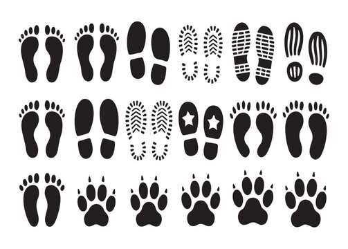 Diverse footprint set showing human foot shoe sole animal track black silhouettes on transparent background.