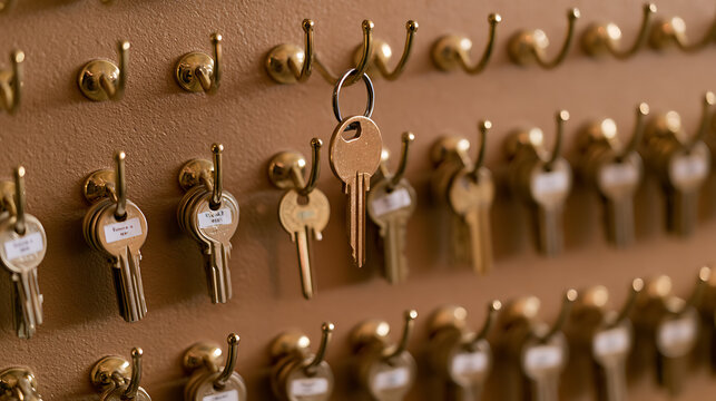 A single brass key hanging from a hook on a large board filled with multiple sets of keys in an organized security management system