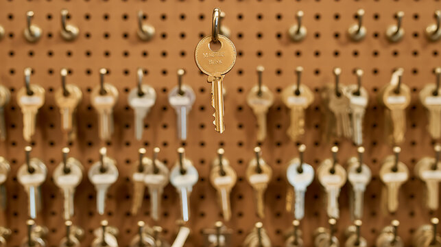 A single brass house key hang on a metal hook in front of a pegboard wall filled with various different keys in a locksmith workshop shop