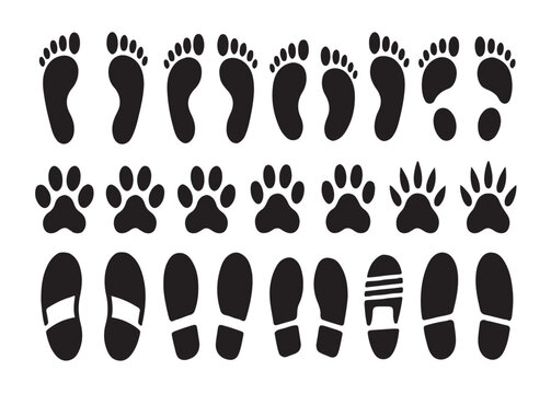 Footprint collection features human foot human shoe animal paw black silhouettes for creative design projects.