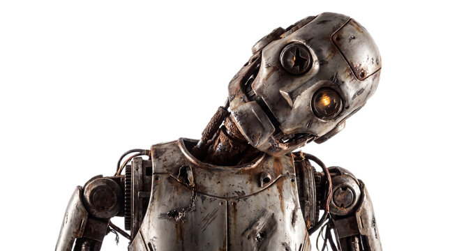 Old rusty humanoid robot with glowing eye with weathered metallic robot on transparent background