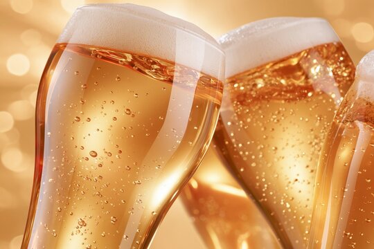 Close up of golden beer glasses with foam and bubbles against warm bokeh background