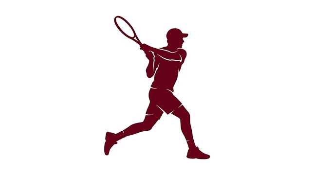 Tennis player silhouette hitting a backhand shot isolated on white background