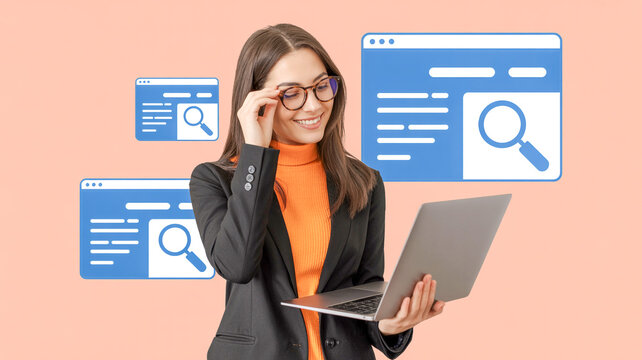 Confident professional woman holding a laptop surrounded by search interface graphics for business research