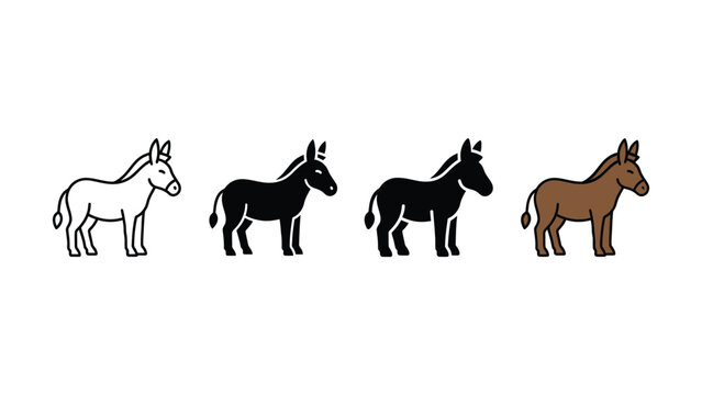 Set of donkey icons in outline solid and color flat styles