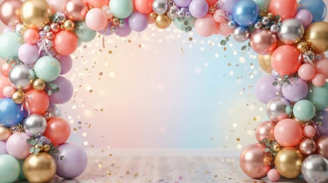 Festive balloon archway with sparkling confetti and soft pastel background
