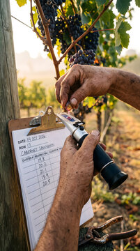 Vertical View of Winemaker Hands Squeezing Cabernet Sauvignon Grape Onto Refractometer Beside Clipboard Harvest Notes in Sunny Autumn Vineyard