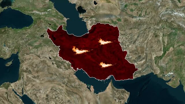 Iran map overlay showing glowing thermal hotspots in animated footage