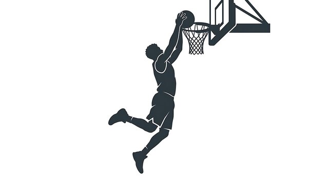 Basketball player dunking ball into hoop silhouette isolated on white background