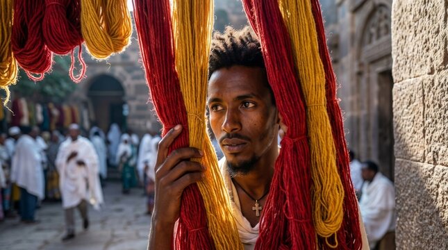 Man holding colorful red and yellow yarn skeins at traditional outdoor market near historic stone church. Ethiopian culture and artisanal textile craft concept