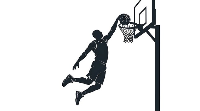 Basketball player dunking ball at hoop, silhouette of athlete jumping for slam dunk shot.