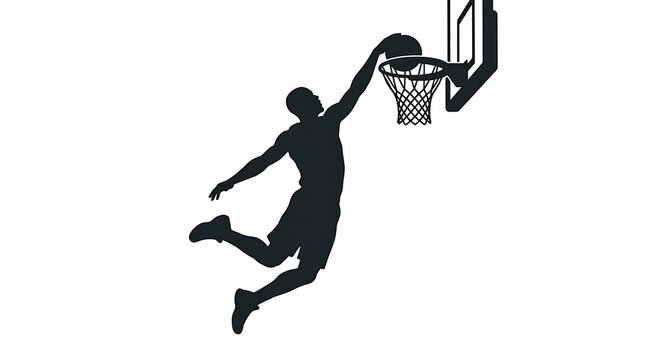 Basketball player silhouette dunking a ball into a hoop on a white background