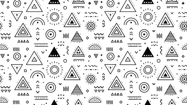 Geometric pattern featuring triangles circles and lines on a white background