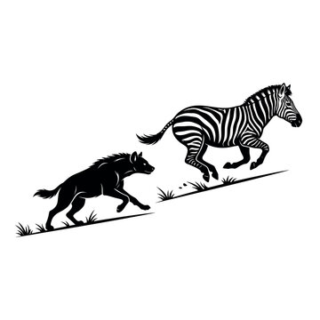Black vector silhouette of a hyena chasing a zebra across the savanna, high-speed movement, sharp vector lines