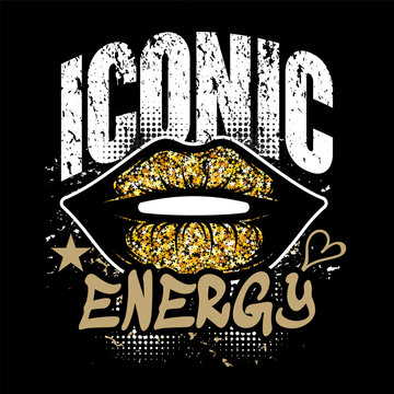 Distressed bold sans-serif and handwritten typography around a central open mouth graphic with a gold glitter texture.