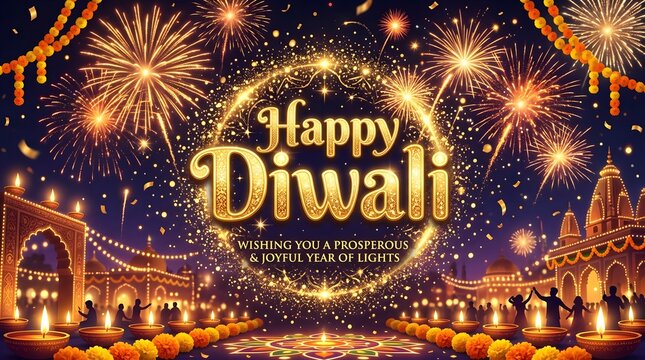 Diwali fireworks celebration with glowing festival sign and illuminated decorations at night.
