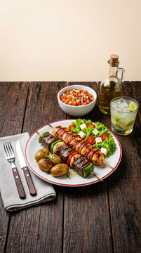 Prato de espetinho de carne, espetinho de frango com bacon de com batatas assadas, salada de folhas verdes, vinagrete e caipirinha de lim&atilde;o  em mesa de madeira