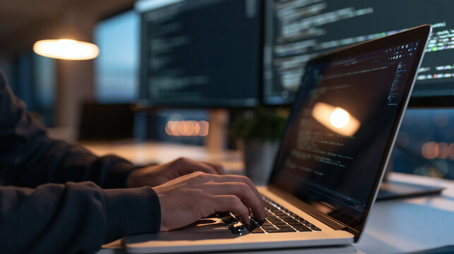 Coding in the Night: A close-up shot of a programmer's hands typing on a laptop, with lines of code displayed on multiple monitors in the dimly lit office, conveying focus and dedication.