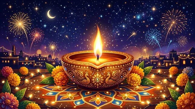 Diya lamp glowing at vibrant nighttime Diwali festival with fireworks and decorative lights celebration.