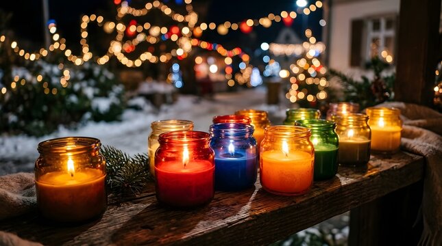 Cozy winter holiday candles glowing on rustic wooden table with festive lights background.
