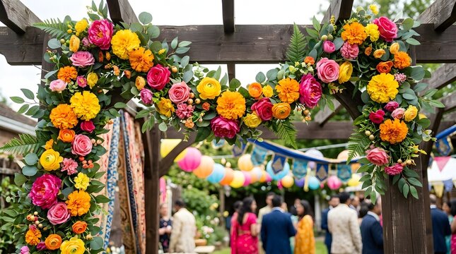 Outdoor wedding arch decorated with vibrant yellow and pink roses for romantic ceremony backdrop.