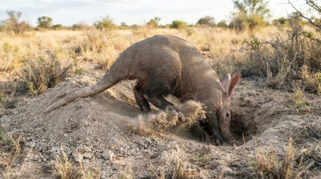 Aardvark Digging: An aardvark actively digs a hole in the dry, dusty earth of the African savanna, its snout deep in the soil as it searches for food.