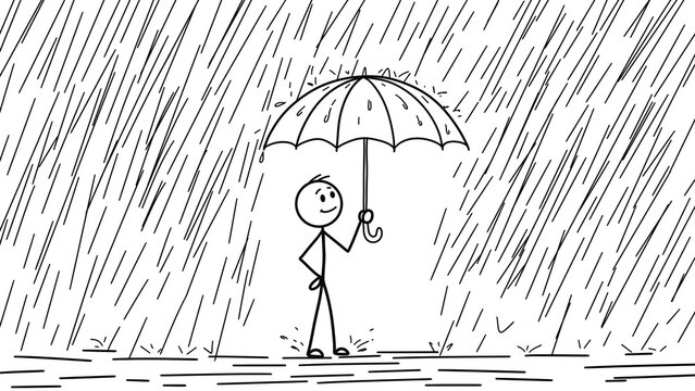 Stick figure standing under umbrella during heavy rain isolated on transparent background. Hand drawn doodle illustration representing protection, safety, insurance, optimism, and resilience. 