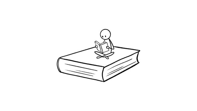 Tiny stick figure sitting cross-legged reading a book on huge book isolated on transparent background. Hand drawn doodle depicting education, love for reading, knowledge, self-improvement, literature