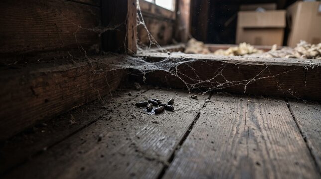 Rodent droppings on dusty wooden attic floor.
