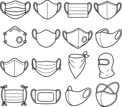 A collection of black and white line art icons depicting various types of face masks and respirators on a white background.