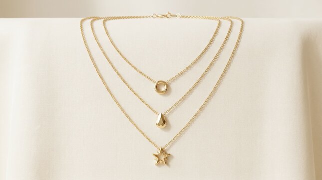 Elegant gold layered necklace set, three delicate gold chains with circle, teardrop and star pendants, luxury jewelry display
