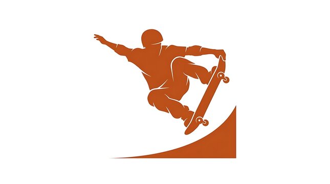 Orange silhouette of a skateboarder performing a trick on a ramp isolated on white background